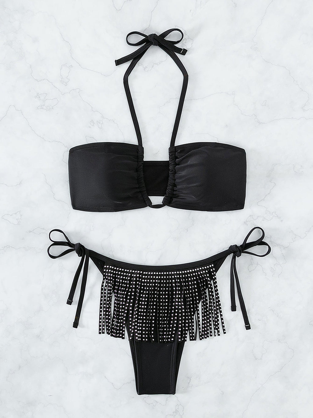 Tassel Rhinestone Sexy Tube Top Strappy V neck Halter Three Point Swimsuit Beach Bikini