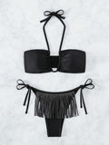 Tassel Rhinestone Sexy Tube Top Strappy V neck Halter Three Point Swimsuit Beach Bikini
