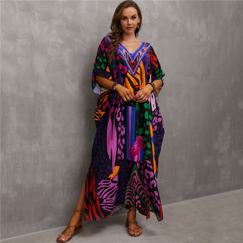 Rayon Positioning Printing Beach Cover Up V Neck Robe Vacation Skirt Bikini Cover