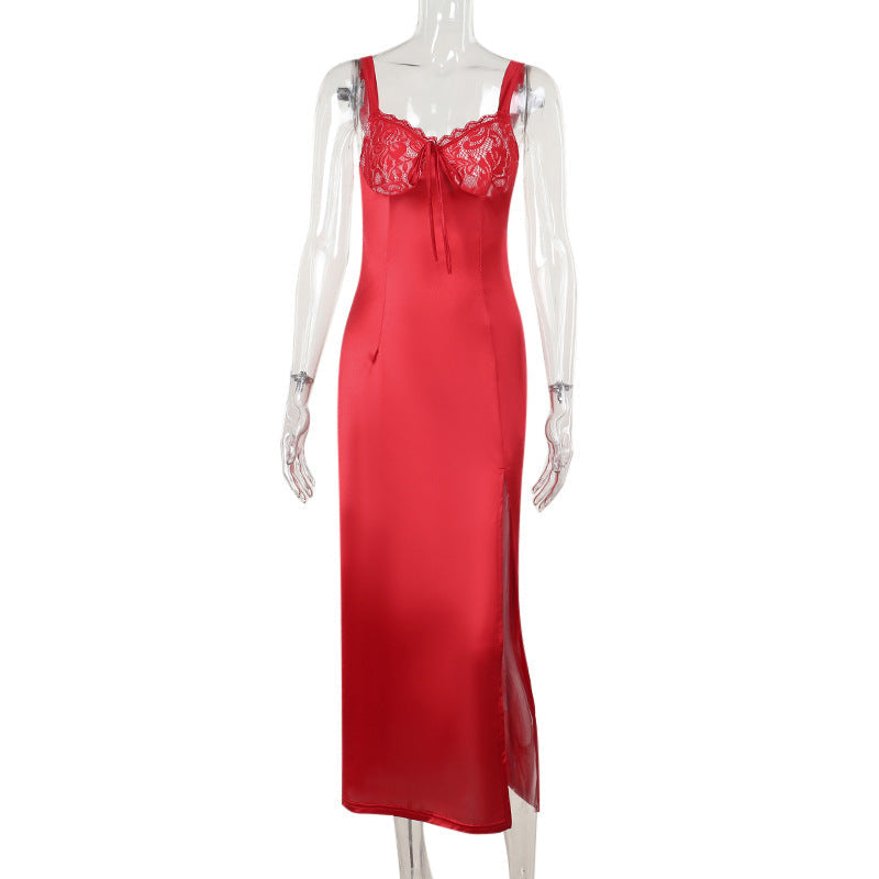 Maxi Dress Socialite Elegant Sexy Slim Satin Split Sling Dress