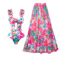 Siamese Conservative Swimsuit Printing Hollow Out Cutout Mesh Wrap Skirt Set Swimsuit