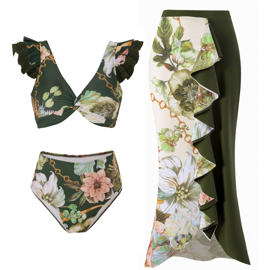 Retro High Waist Split Swimsuit Women Ruffled Bikini Swimsuit Chiffon Beach Skirt Set