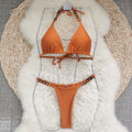 Three Point Halter Strap Sexy Backless Low Waist Bikini Solid Color Split Swimsuit