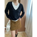 Early Autumn Contrast Colors False Two Piece V neck Loose Slimming Lazy Sweater