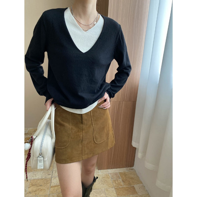 Early Autumn Contrast Colors False Two Piece V neck Loose Slimming Lazy Sweater
