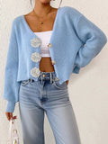 Women Knitted Sweater Street Hipster Short Top Hand Hook Floral Decorative Button Cardigan Short Coat