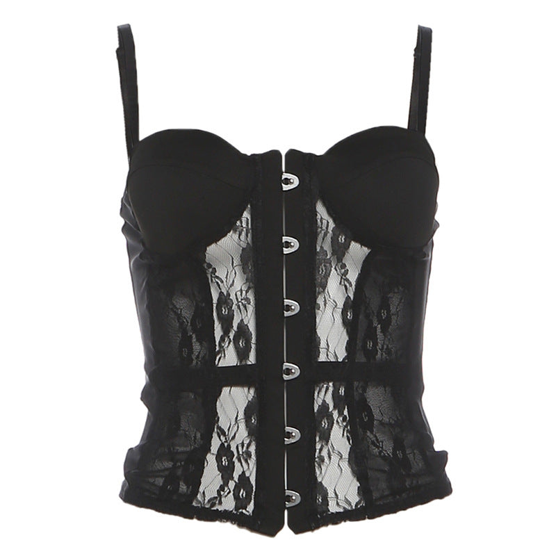 Autumn Winter Women Sexy Lace Stitching See through Slim Fit Figure Flattering Camisole