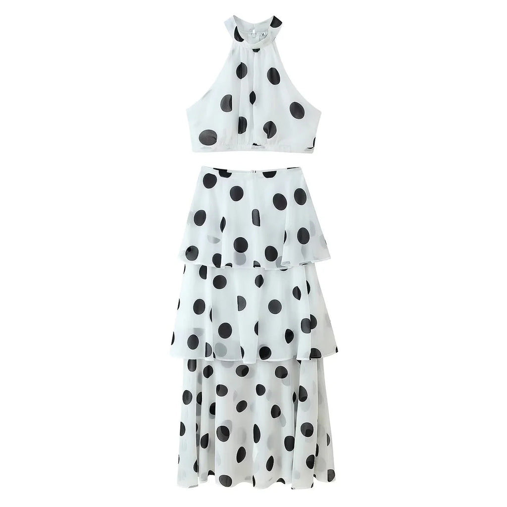 French Polka Dot Sweet Sexy Women ummer Halter Sleeveless Vest High Waist Flounced Skirt Set