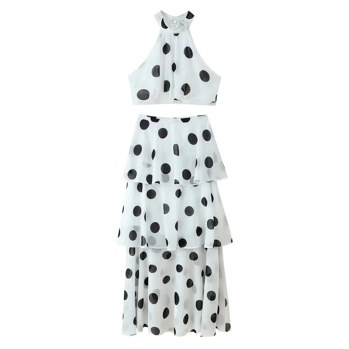 French Polka Dot Sweet Sexy Women ummer Halter Sleeveless Vest High Waist Flounced Skirt Set