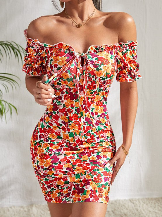 Elegant Floral Wooden Ear Front Lace up Off Shoulder Sexy Slim Sheath Dress