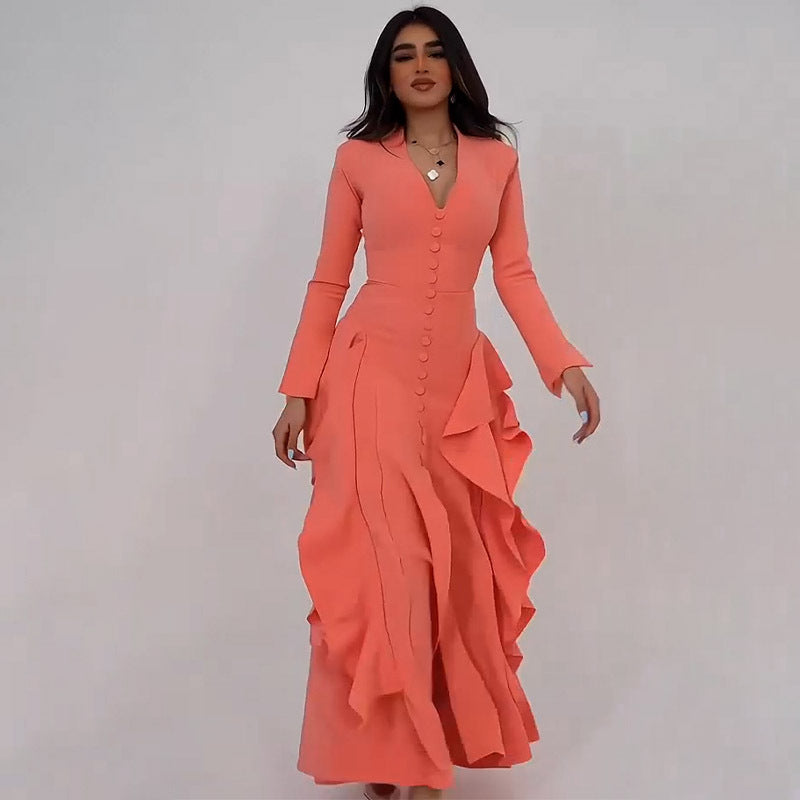 Summer V neck Long Slit Elegant Ruffle Dress