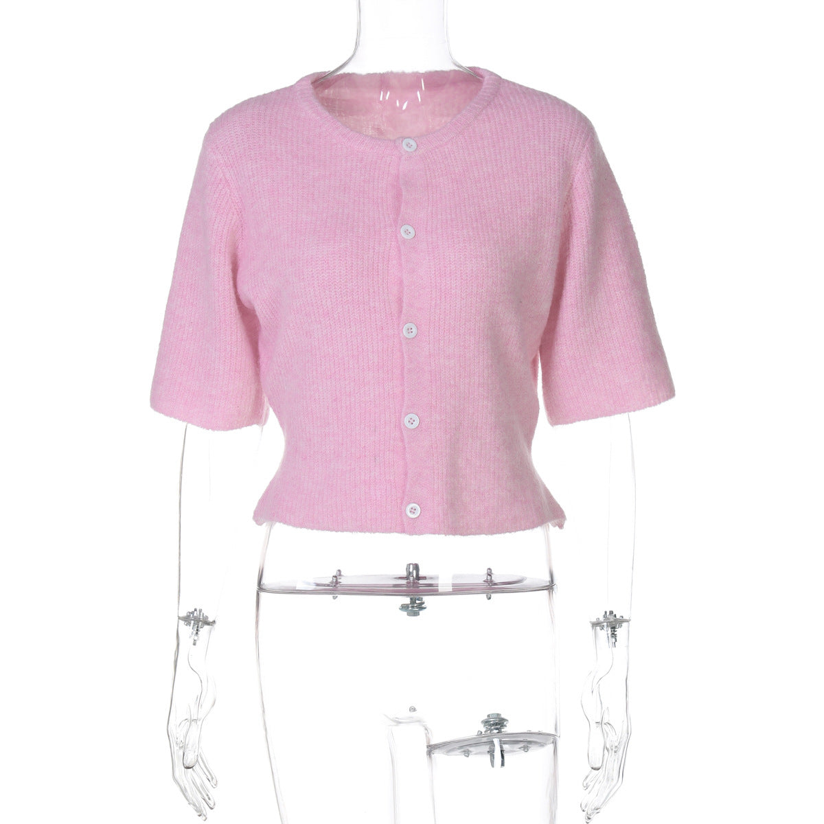 Women Clothing Autumn Crew Neck Three Quarter Sleeve Knitted Buckle Cardigan Top