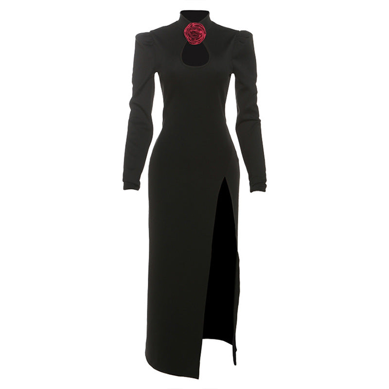 Fall Women Clothing Elegant Slim Fit Sexy Cutout High Slit Stand Collar Long Sleeve Dress Women