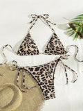 Bikini Printing Smocking Leopard Print Triangle Cup Sexy Split Bikini Swimsuit for Women