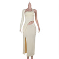 Autumn Elegant Sexy Design Hollow Out Cutout out Single Sleeve Split Dress Women