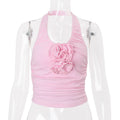 Women Clothing Summer Sexy Pure Want Pleated Floral Decoration Halterneck Vest Top