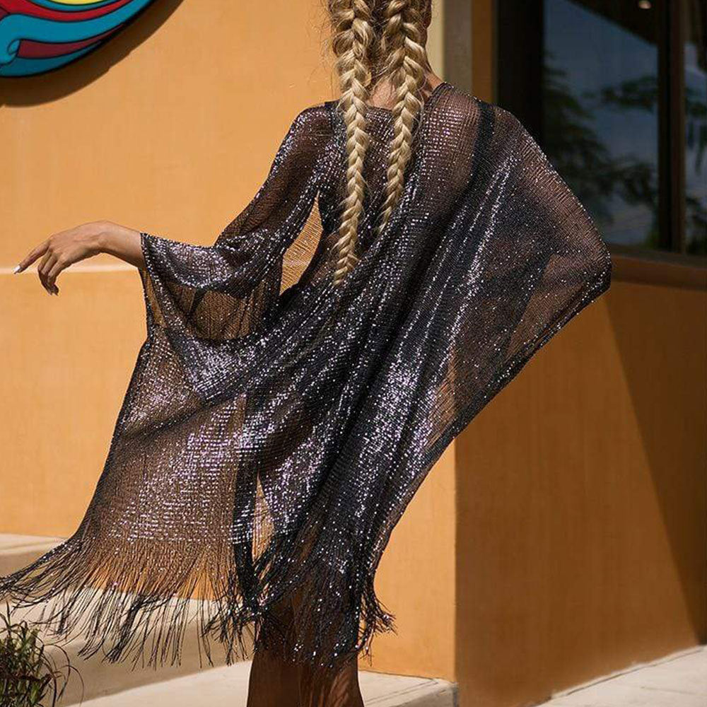 Mesh Gold Silver Silk Beach Cover-up See-through Vacation Sun Protection Cardigan Bikini Outer Overclothes Shirt