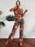 Plant Print Spaghetti Strap Buckle Tube Top High Cut Briefs Trousers Split Three Piece Bikini