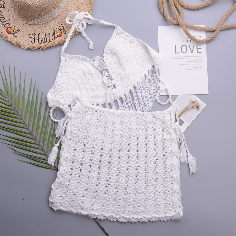 Retro Hand Crocheting Split Swimsuit Halter Strap Tassel Cutout A line Skirt Beach Skirt Women Set
