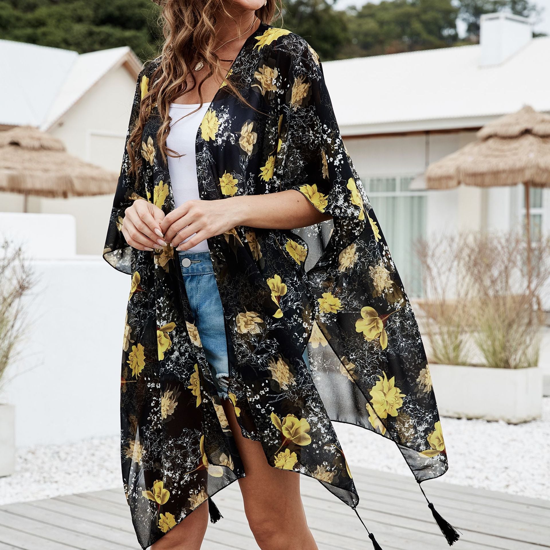 Summer Colorful Floral Print Tassel Sunshade Casual Sun Proof Sun Protection Clothing Mid Length Blouse