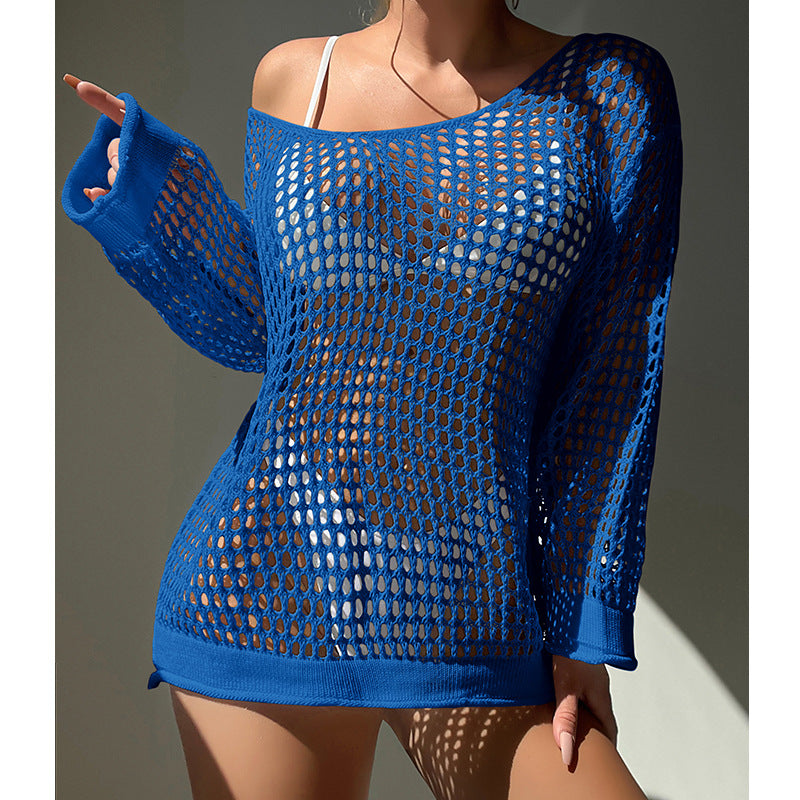Summer Vacation Sexy Cutout Big round Neck Loose Pullover Bikini Sunscreen Knitted Beach Cover up Crochet hook