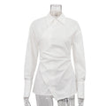Cotton White Collared Long Sleeve Waist Women Shirt Cross Design Irregular Asymmetric Cardigan Top