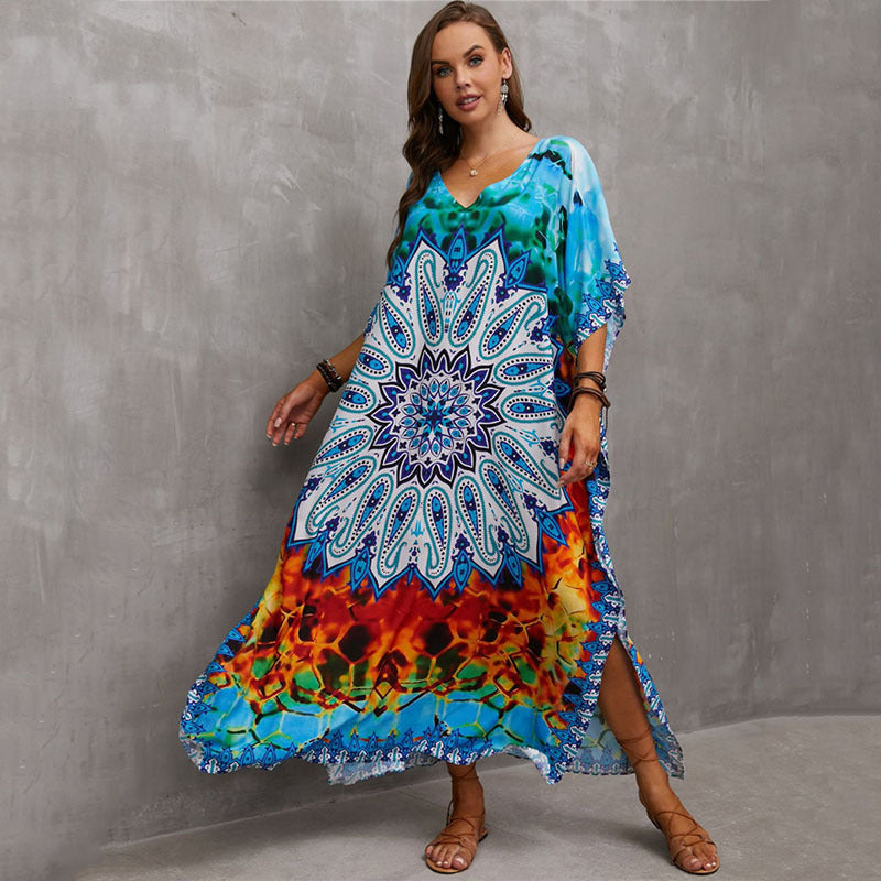 Rayon Positioning Printing Beach Cover Up V Neck Robe Vacation Skirt Bikini Cover