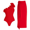Red Oblique Shoulder Floral Decoration One Piece Swimsuit Women Clothing