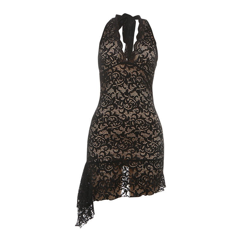 Autumn Winter Women Sexy Backless Deep V Plunge neck Slim Fit Lace Sheath Dress