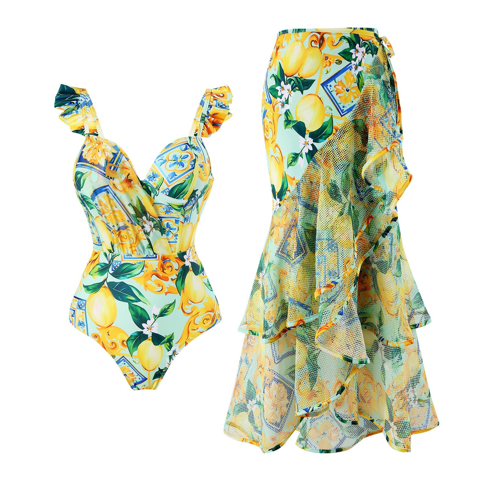 Siamese Conservative Flying Edge Covering Belly Thin Sexy Skirt Swimsuit Women Wrap Skirt Set