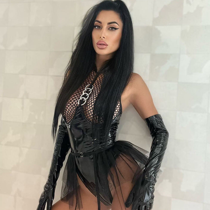 Sexy Patent Leather One Piece Mesh Backless See through Sexy Lingerie Set