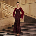Women Clothing Advanced Long Sleeved V neck Slim Fit Cocktail Sequined Mid Length Evening Dress Women