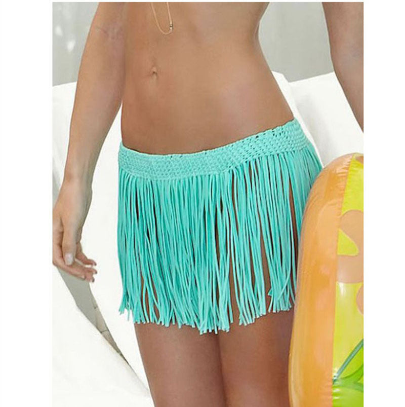Elastic Cloth Stripe Tassel Hand Hook Woven Beach Skirt Sexy Ethnic Holiday Skirt Small Skirt Women