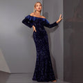 Off Shoulder Long Evening Dress Slim Fit Long Sleeve Fishtail Gown Shiny Sequined Prom Party Formal Dress Women