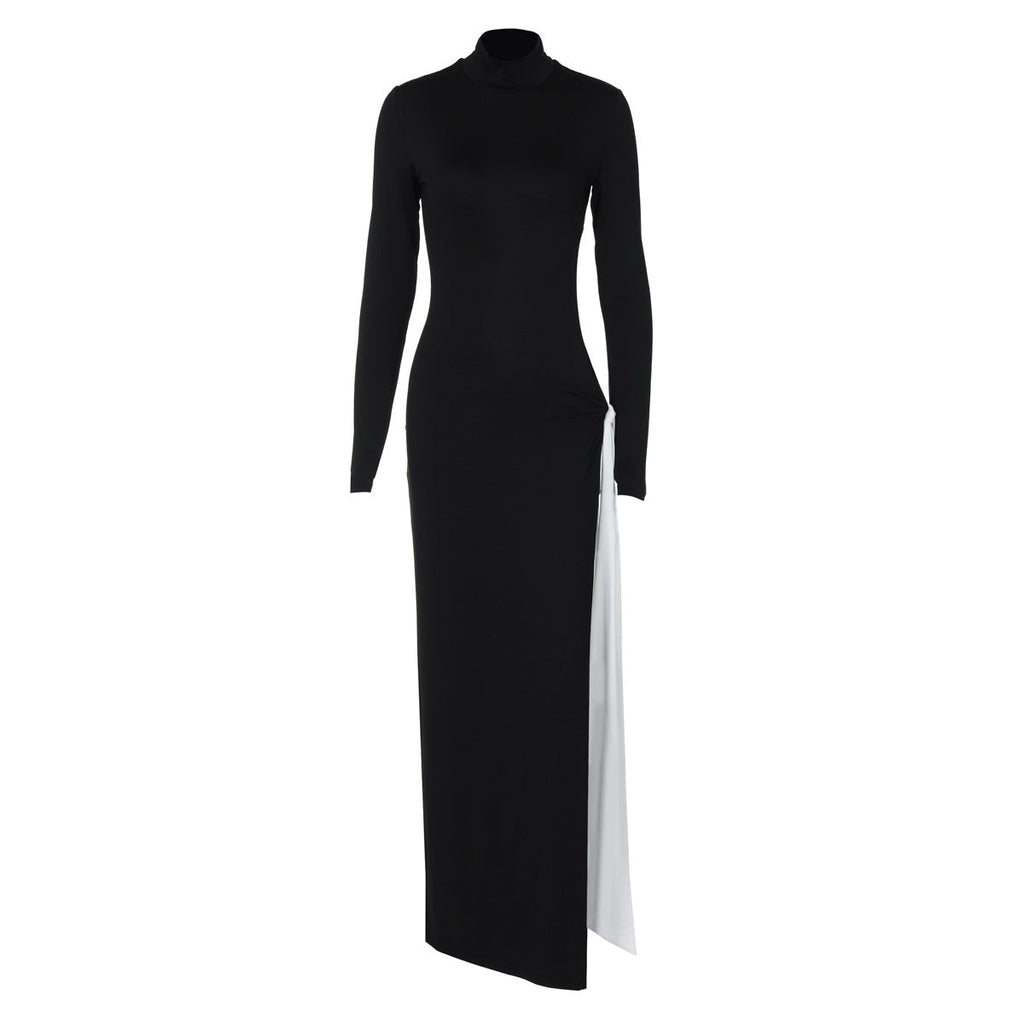 Winter Women Clothing High Collar Long Sleeve Sexy Slit Contrast Color Ribbon Dress