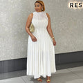 Women Clothing Autumn Dignified Sense Design round Neck Sleeveless Slim Lace White Dress