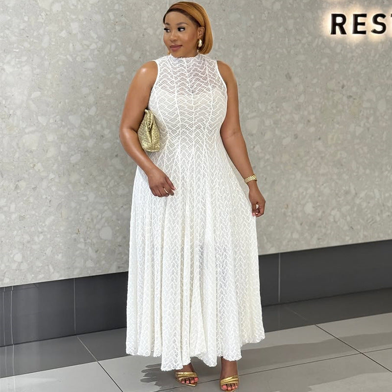 Women Clothing Autumn Dignified Sense Design round Neck Sleeveless Slim Lace White Dress