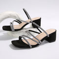 Chunky Heel Rhinestone Thin Strap Mid Heel Sandals Women Two Way Square Toe Slippers