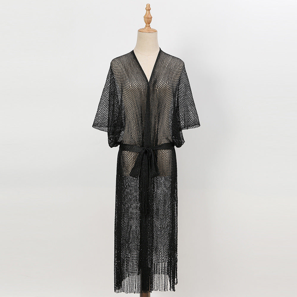 Summer Beach Sun Protection Shirt Gradient Color Lace Up Tassel Beach Cover Up Short Sleeve Knitted Long Cardigan