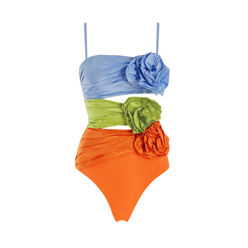 Color Matching Floral Decoration Hollow Out Cutout Tube Top One Piece Swimsuit Suit Skirt Women