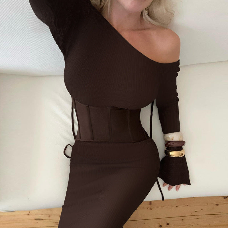 Sexy Hip Wrapped Dress Oblique Shoulder Party Long Sleeve Waist Fishtail Dress