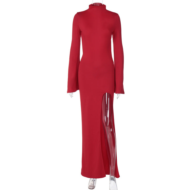 Spring Women Bell Sleeve Sexy Backless Slit Maxi Dress Slim Fit Dress