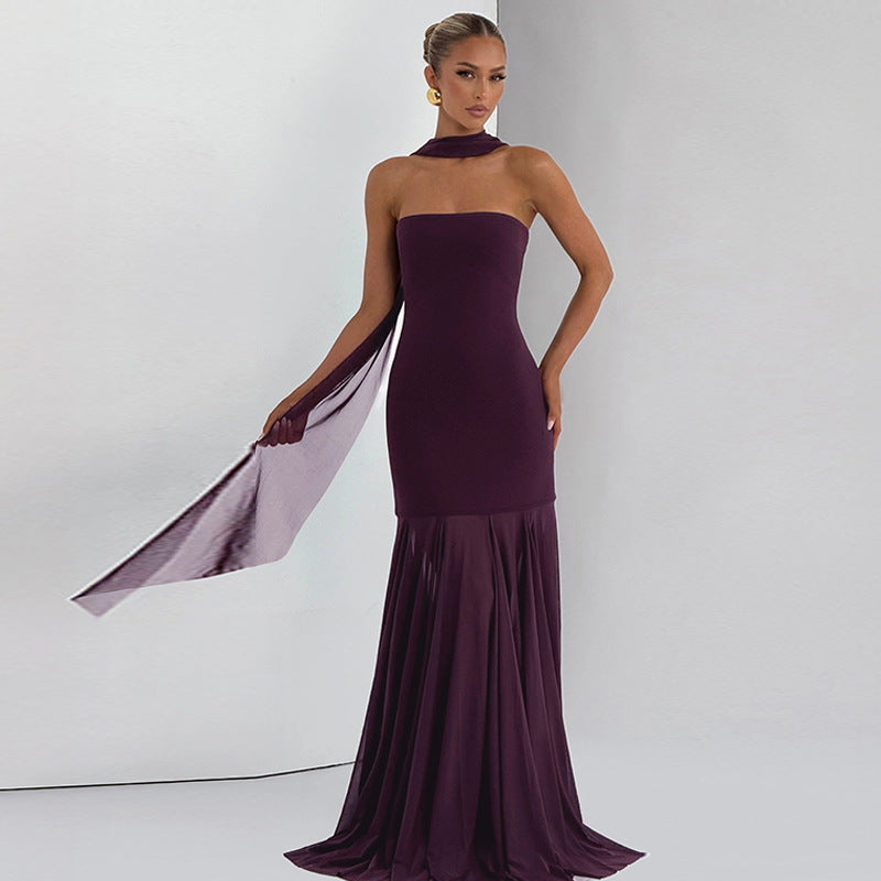 Women Clothing Autumn Winter Sexy Mesh Stitching Tube Top Evening Maxi Dress Women