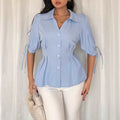 Office Spring Summer Waist Tight Waist a Swing Short Sleeve Cuff Lace up Design Pleated Slim Shirt Women Professional