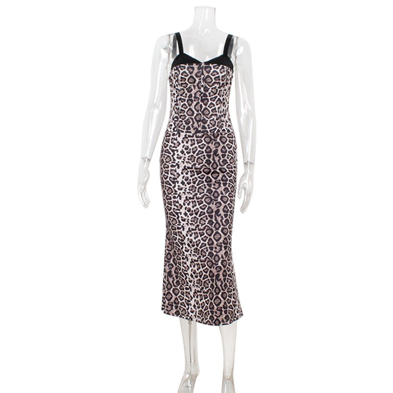 Women Clothing Sexy Sling Leopard Print Dress Slim Fit Sheath Dress