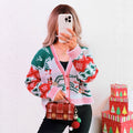 Christmas Contrast Color Casual Knitted Cardigan V neck Casual Short Office Sweater
