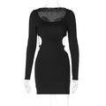 Women Clothing Spring Solid Color Sexy Waist Hollow Out Cutout out Lace up Slimming Slim Dress