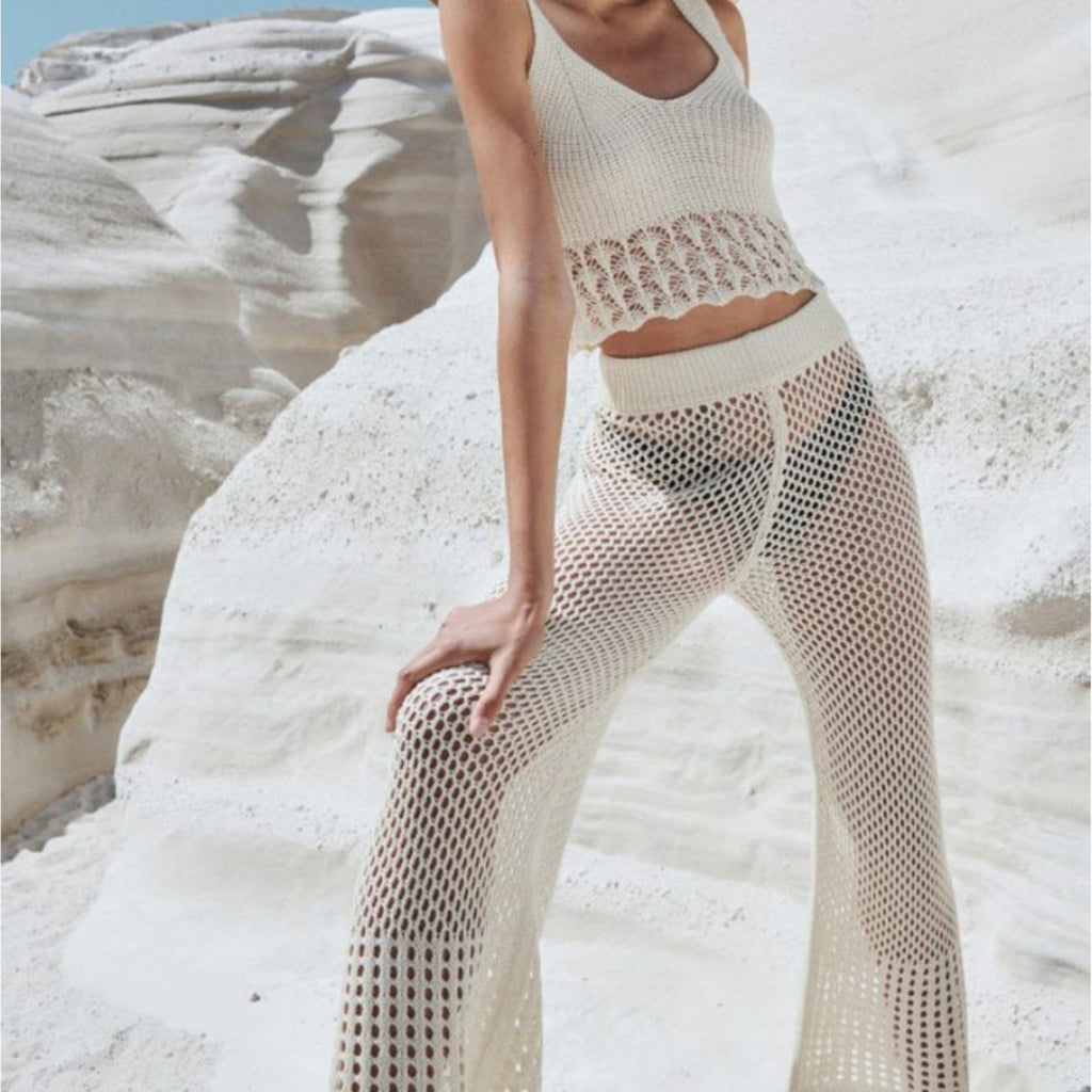 Sexy Hollow Out Cutout out See through Loose Sleeveless Beach Shirt Casual Vacation Trousers Sun Proof Set