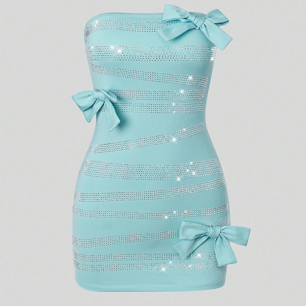 Popular off Shoulder Butterfly Rhinestone Sheath Dress Dress Milk Silk Outer