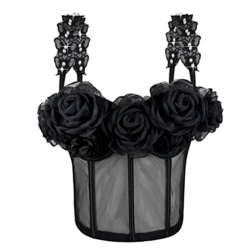 French Camisole Women Outer Wear Retro Three Dimensional Pearl Floral Design Boning Corset Tube Top